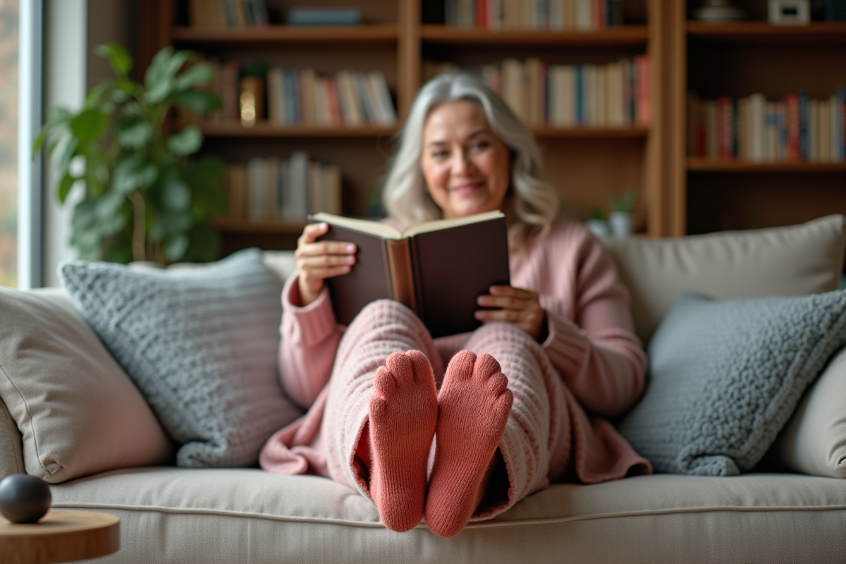 Femme détendue portant des chaussettes piloupilou colorées