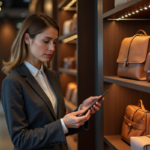 Femme élégante analyse sacs de luxe en boutique