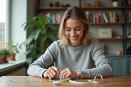 Femme mesurant sa taille avec un ruban dans un appartement lumineux