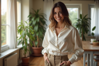 Femme élégante en blouse et pantalon dans un appartement lumineux