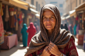 Femme nord-africaine portant un scarf en tissu traditionnel