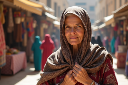 Femme nord-africaine portant un scarf en tissu traditionnel
