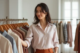 Femme en blouse rayée lin et pantalon large terracotta Kiabi parcourant un portant de vêtements en boutique moderne