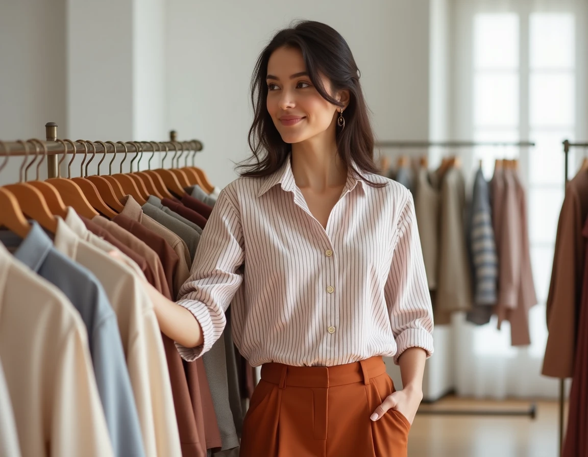 Femme en blouse rayée lin et pantalon large terracotta Kiabi parcourant un portant de vêtements en boutique moderne
