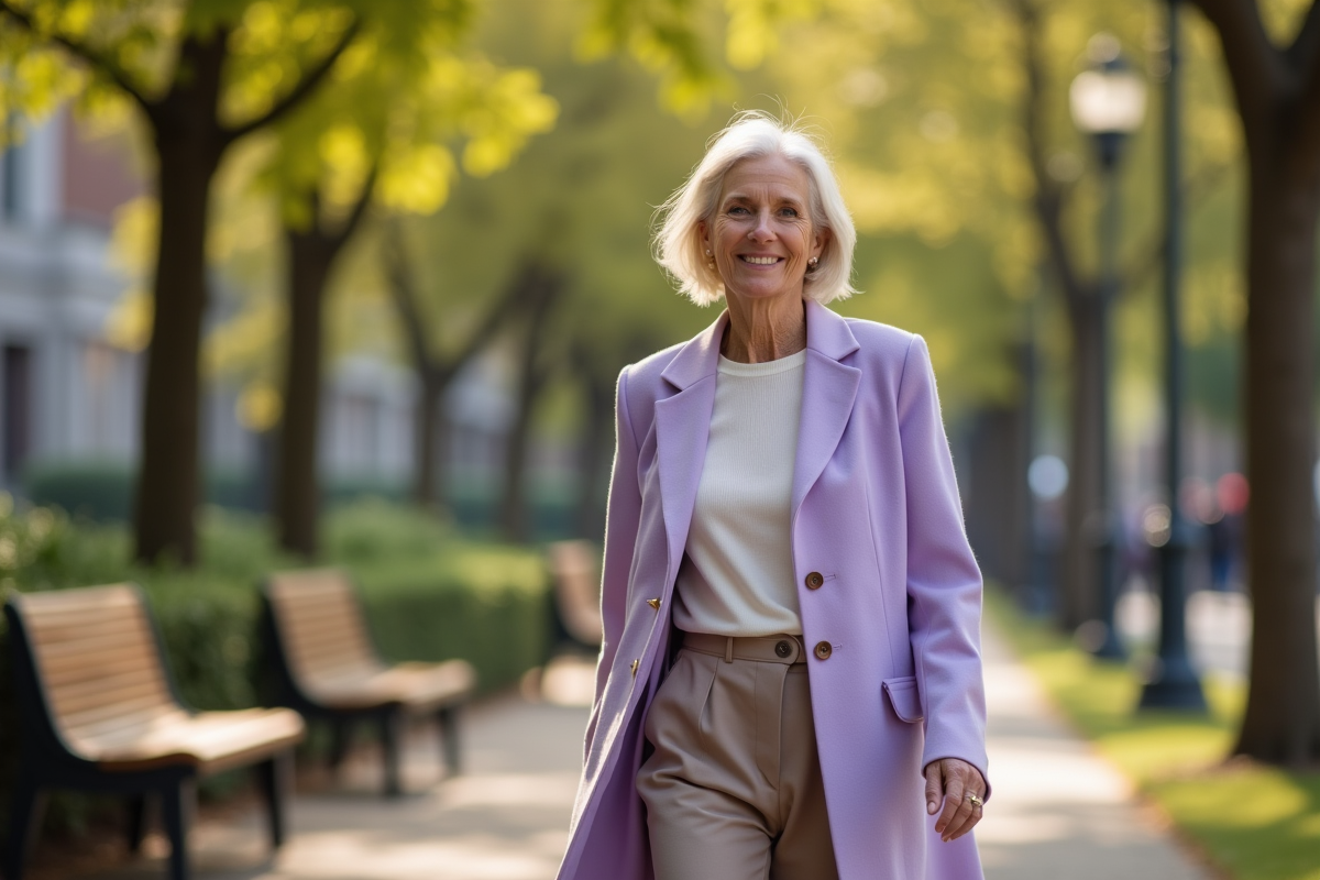 Femme souriante se promenant dans un parc en automne