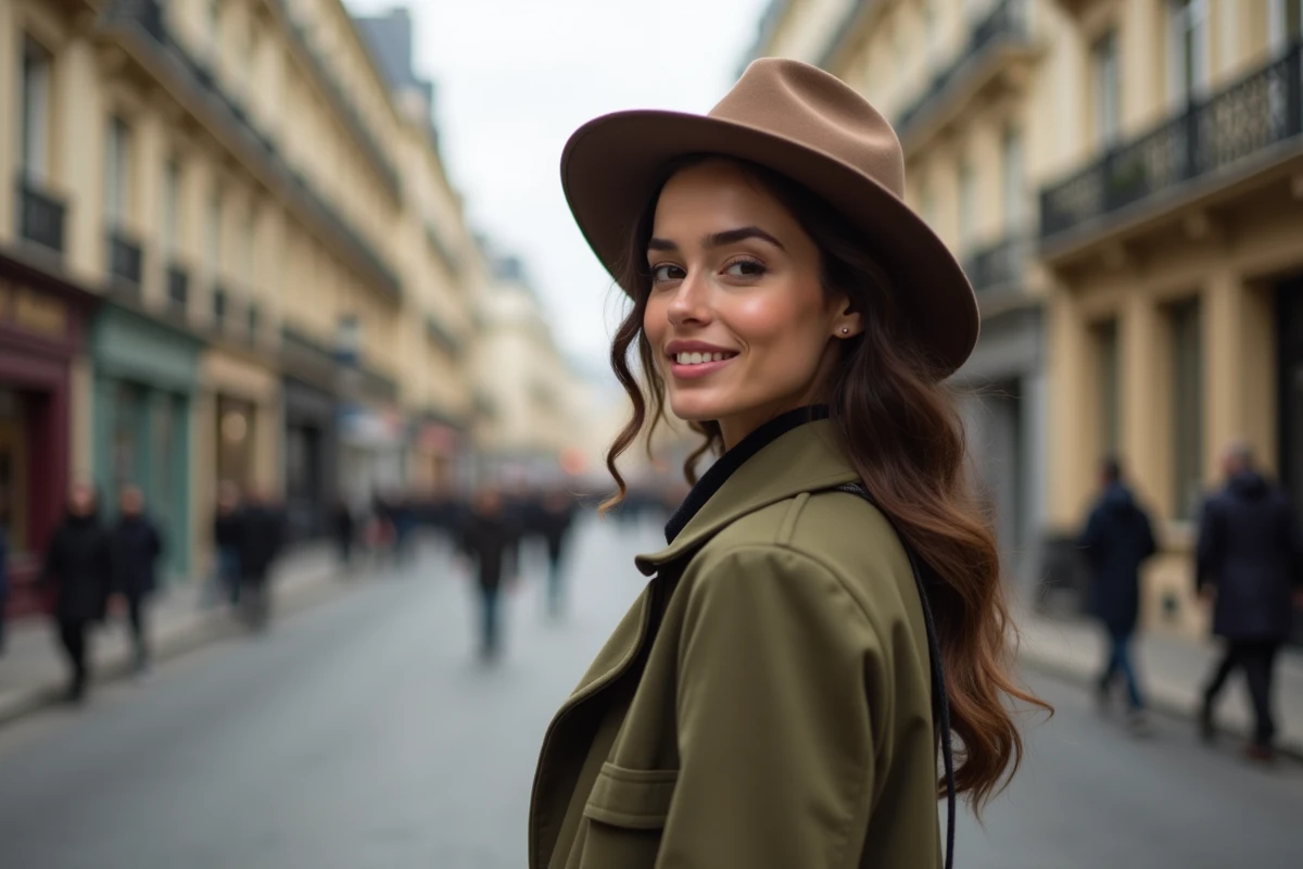Femme élégante avec trench et chapeau à Paris
