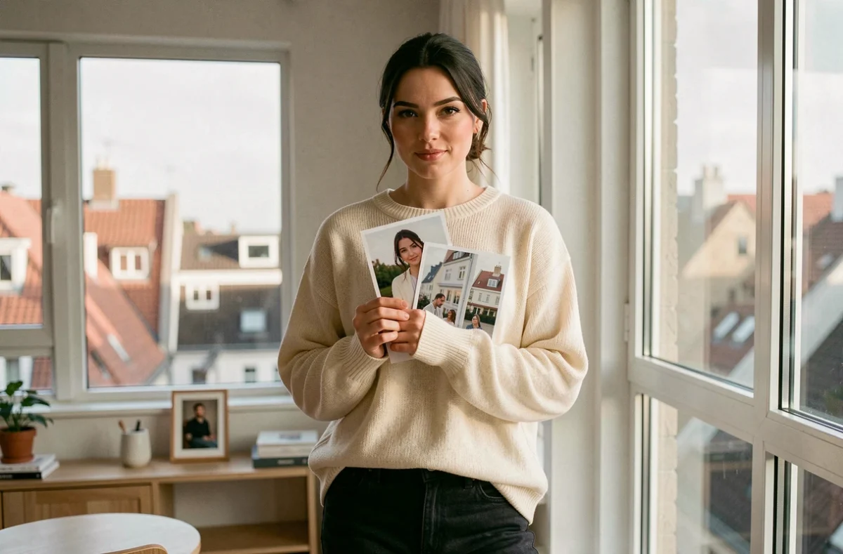 Femme tenant une photographie près d'une fenêtre avec vue sur la ville, instant de réflexion personnelle et d'intimité