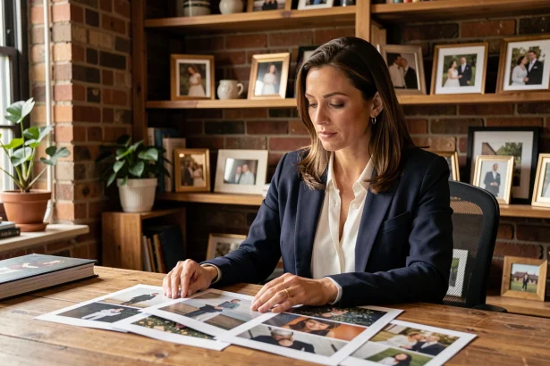 Femme professionnelle examinant des photographies personnelles dans un bureau à domicile chaleureux, évoquant la vie privée et l'identité visuelle