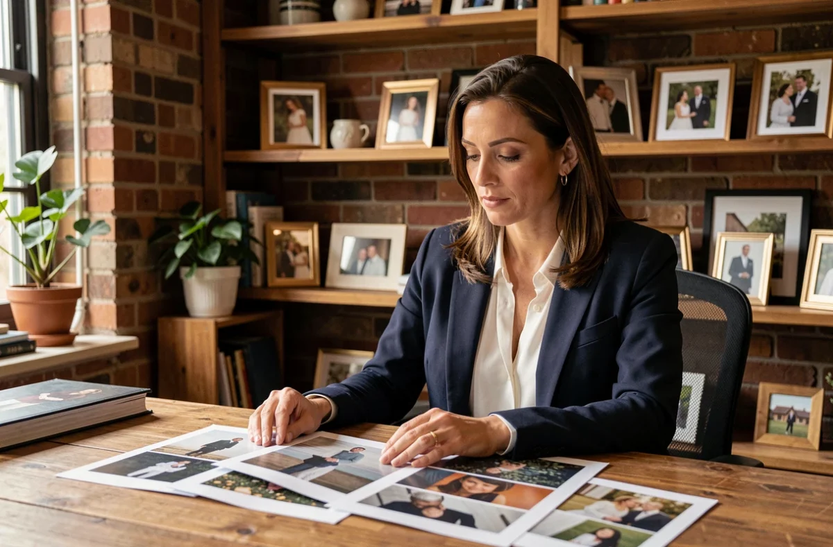 Femme professionnelle examinant des photographies personnelles dans un bureau à domicile chaleureux, évoquant la vie privée et l'identité visuelle