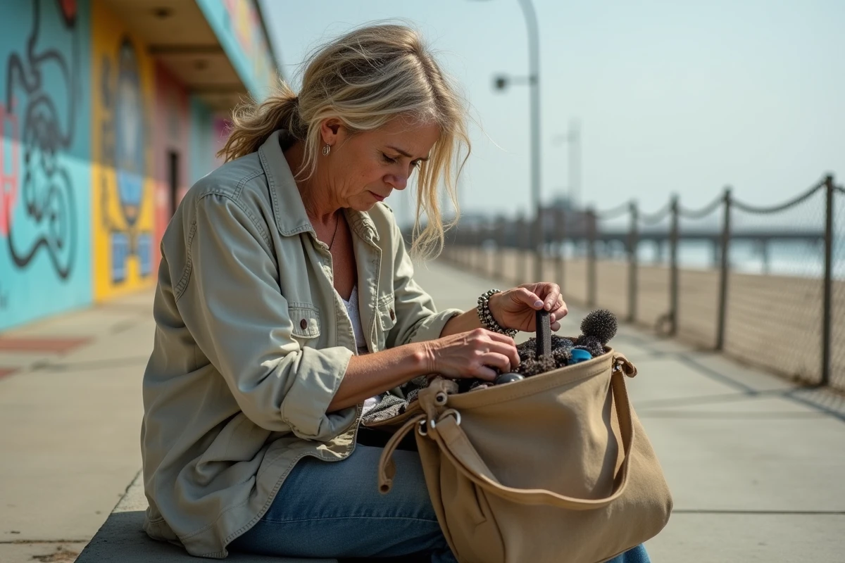 Femme en difficulté assise sur un banc près d'une promenade côtière en Californie, symbole de la précarité sociale