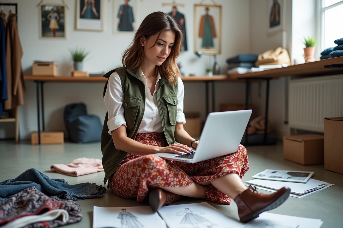 Femme créative assise dans son studio entourée de références mode et vêtements alternatifs, explorant des inspirations vestimentaires en ligne