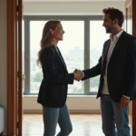 Femme accueillant une star dans son salon moderne