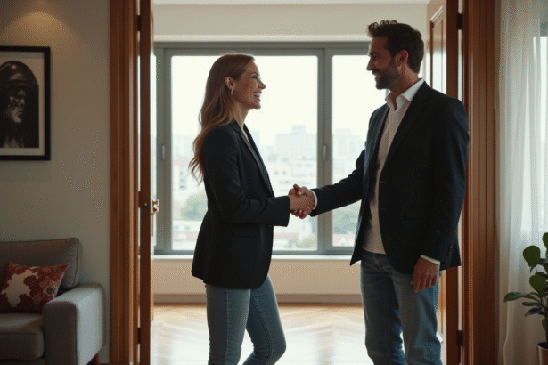 Femme accueillant une star dans son salon moderne