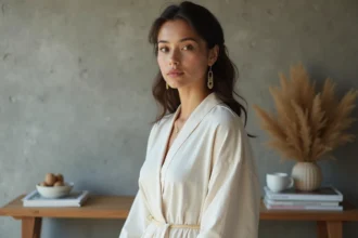 Femme en robe coton minimaliste avec ceinture or