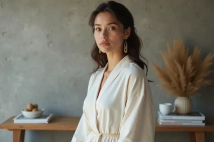 Femme en robe coton minimaliste avec ceinture or