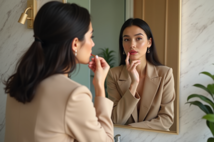 Jeune femme appliquant rouge à lèvres devant miroir