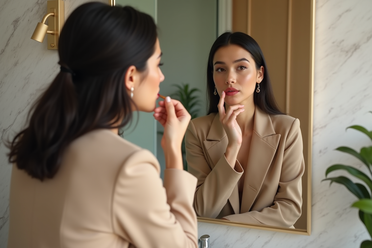 Jeune femme appliquant rouge à lèvres devant miroir