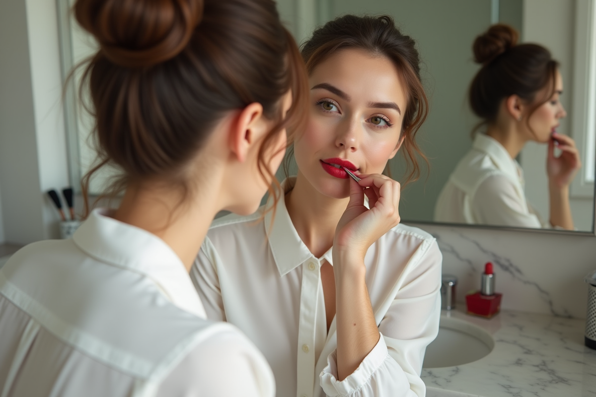 Femme appliquant rouge à lèvres dans salle de bain élégante
