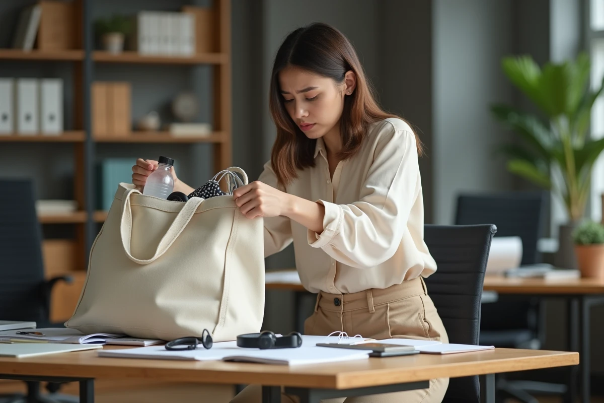Femme au bureau fouillant dans un sac de travail désorganisé rempli d'affaires en désordre, erreur fréquente qui nuit au confort quotidien