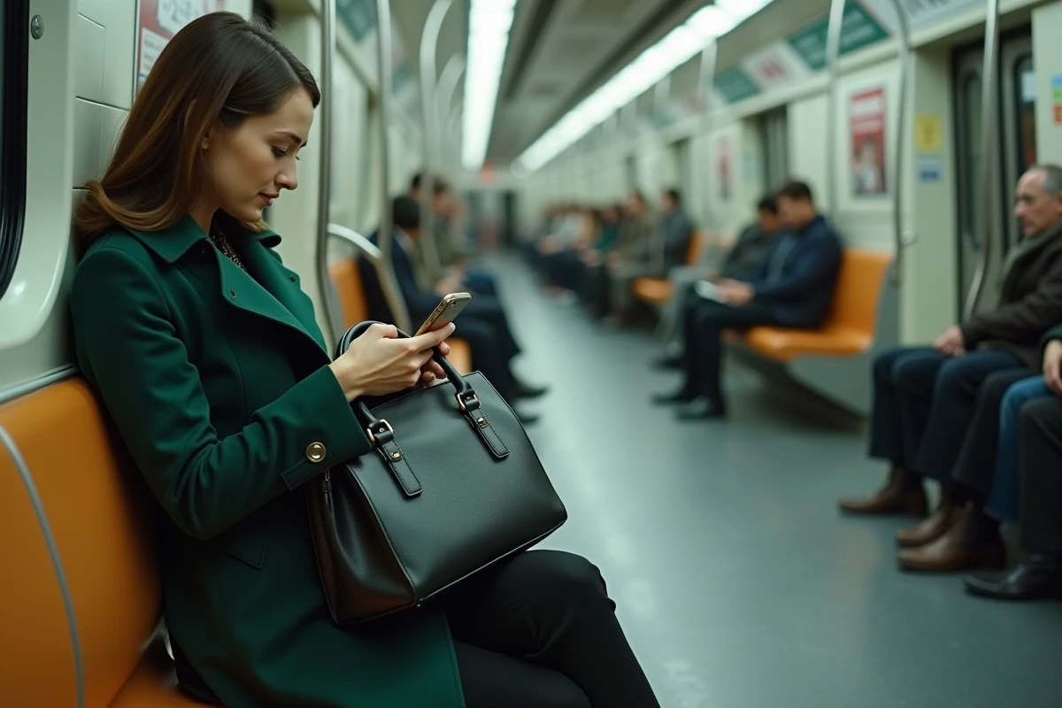 Femme assise dans le métro avec un sac de travail rigide mal adapté sur les genoux, illustrant les erreurs de choix de sac au quotidien