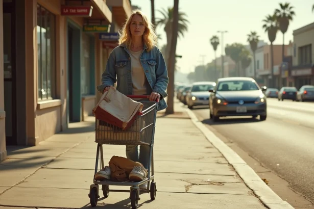 Femme sans-abri poussant un caddie dans une rue de Los Angeles, illustrant la déchéance sociale et la vie dans la rue