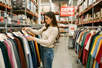 Femme qui fait du shopping dans un entrepôt de déstockage rempli de vêtements à prix réduit