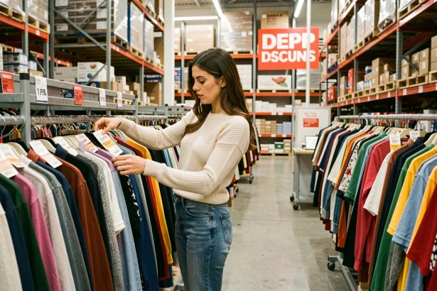 Femme qui fait du shopping dans un entrepôt de déstockage rempli de vêtements à prix réduit