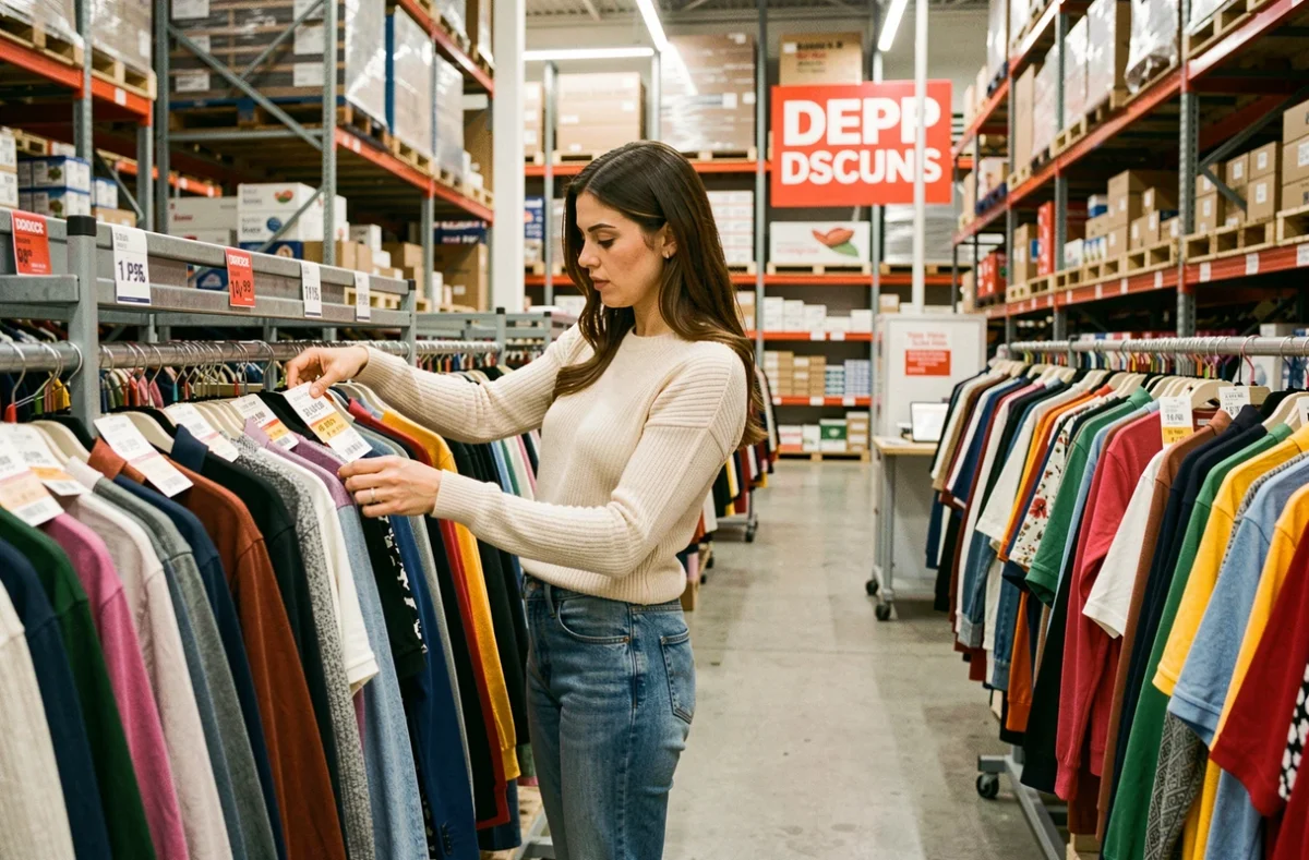 Femme qui fait du shopping dans un entrepôt de déstockage rempli de vêtements à prix réduit