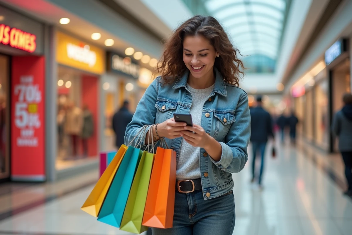 Femme souriante avec sacs de shopping dans un centre commercial
