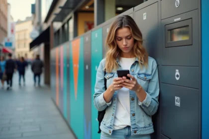 Femme regardant son smartphone devant un point relais Vinted