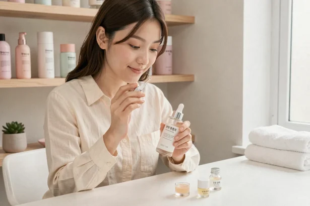 Jeune femme appliquant un sérum de soin coréen Yepoda sur son bureau minimaliste avec des produits de beauté bien rangés