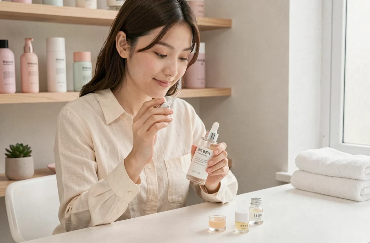 Jeune femme appliquant un sérum de soin coréen Yepoda sur son bureau minimaliste avec des produits de beauté bien rangés