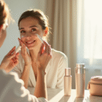 Femme appliquant crème visage dans salle lumineuse