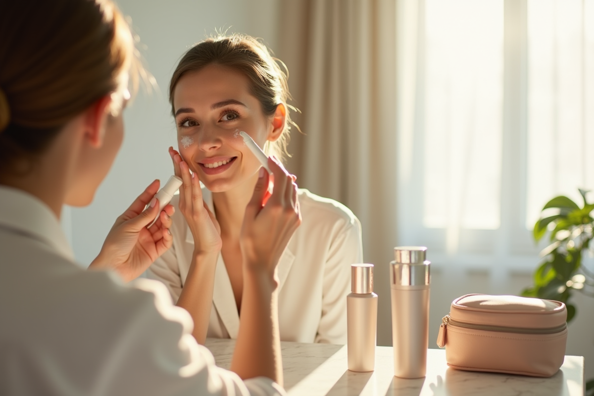 Femme appliquant crème visage dans salle lumineuse