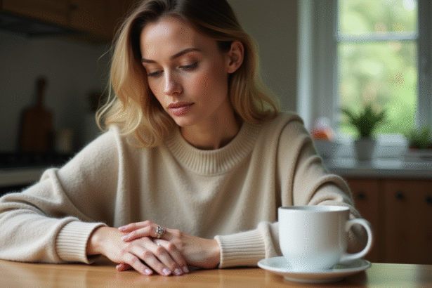 Femme élégante en cashmere posant ses mains avec bague