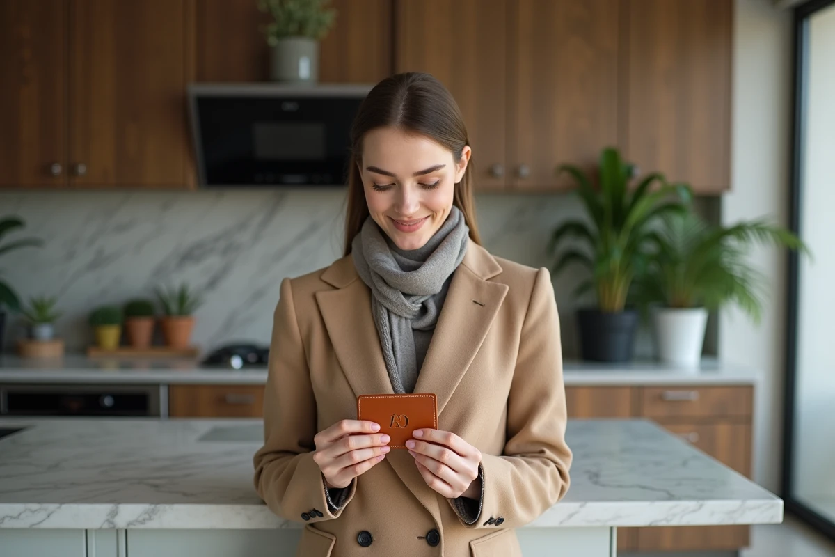 Jeune femme souriante avec un porte-cartes en cuir personnalisé