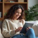 Femme souriante utilisant une tablette dans un salon chaleureux