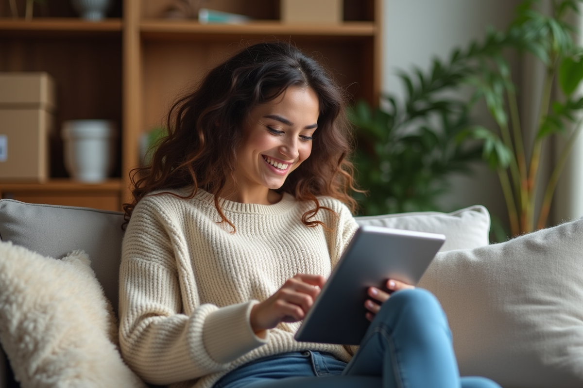 Femme souriante utilisant une tablette dans un salon chaleureux