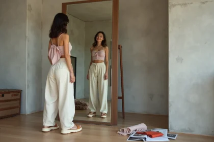 Jeune femme explorant son style personnel devant un miroir dans un appartement minimaliste, portant une tenue avant-gardiste aux textures variées