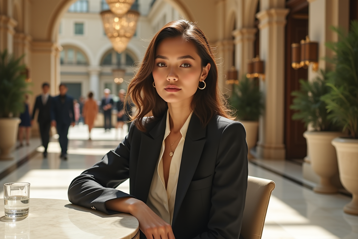 Jeune femme en tailleur assise dans un café élégant