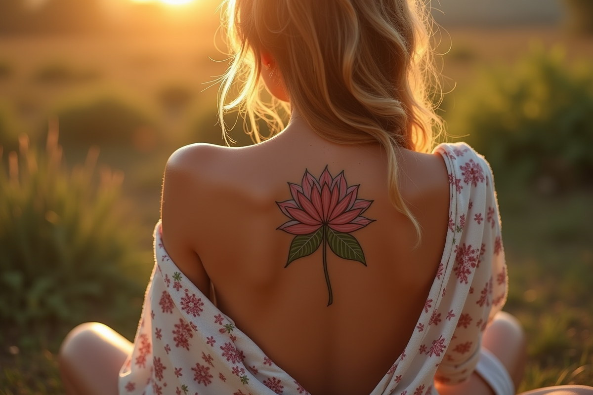 Femme avec tatouage lotus coloré entre les épaules