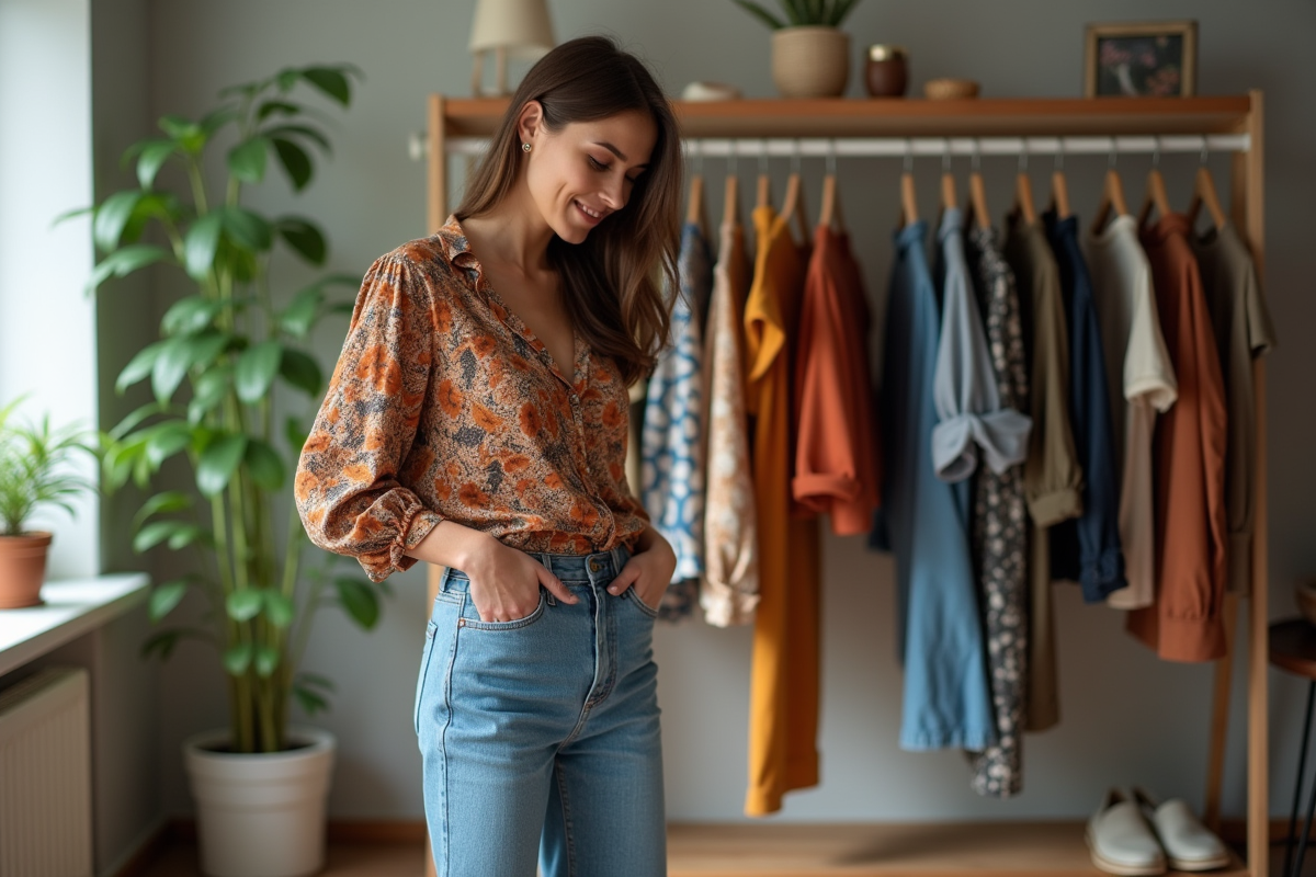 Femme stylée dans sa chambre avec vêtements tendance