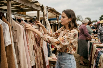 Jeune femme feuilletant des vêtements vintage femme pas cher sur un marché aux puces en plein air