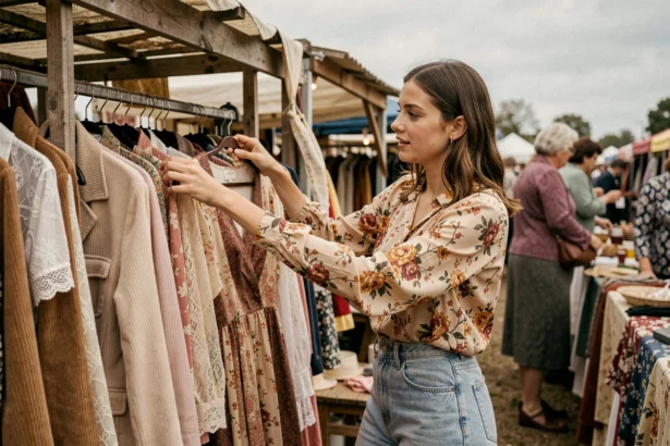 Jeune femme feuilletant des vêtements vintage femme pas cher sur un marché aux puces en plein air
