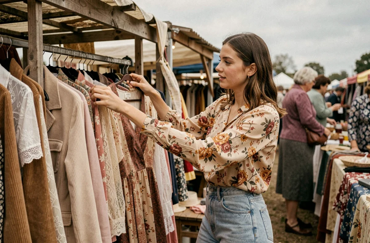 Jeune femme feuilletant des vêtements vintage femme pas cher sur un marché aux puces en plein air