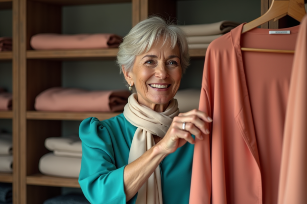 Femme élégante choisissant un cardigan dans un vestiaire moderne