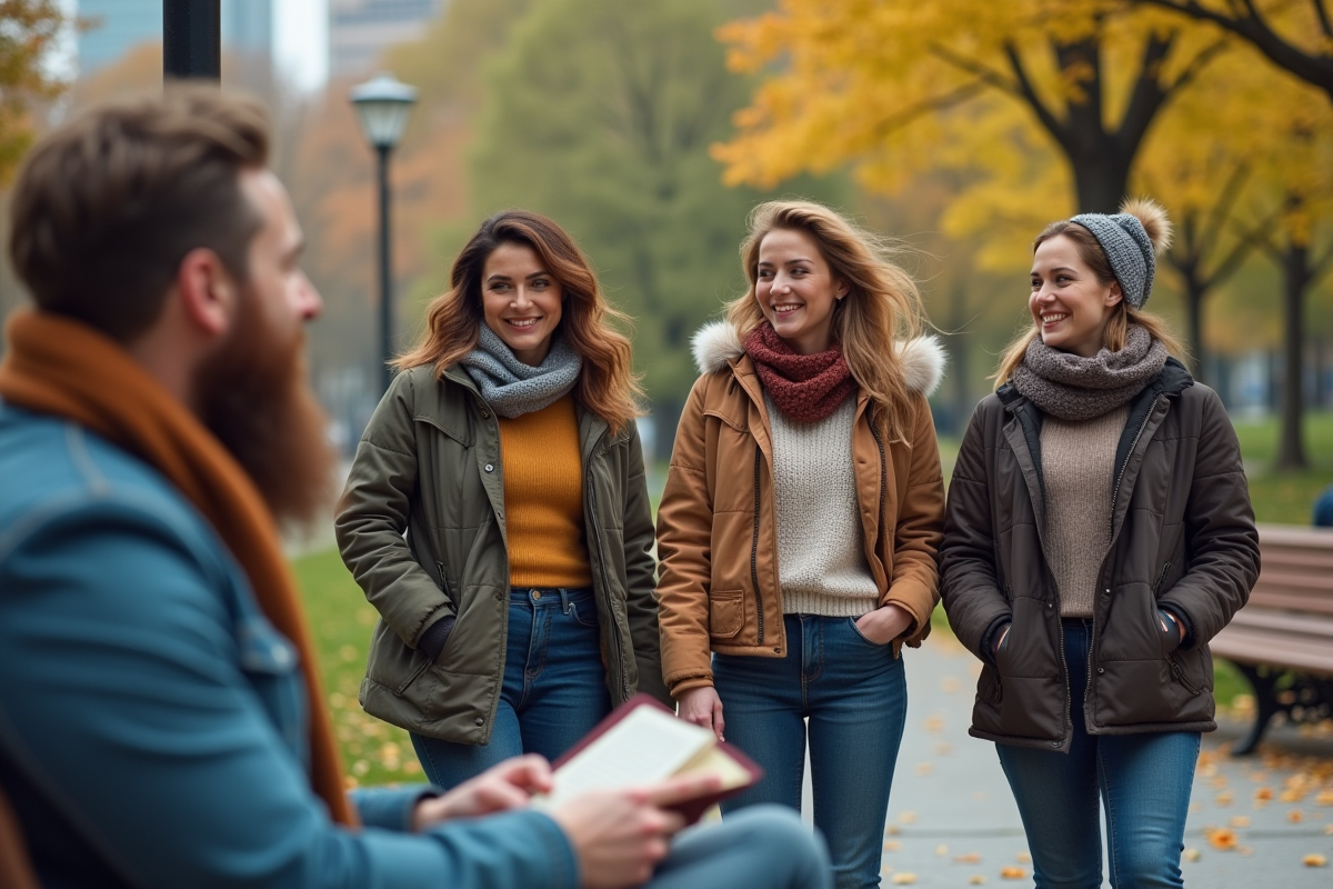 Groupe de femmes diverses discutant dans un parc urbain