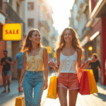 Groupe de personnes souriantes faisant du shopping en plein air par une journée ensoleillee