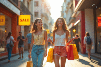 Groupe de personnes souriantes faisant du shopping en plein air par une journée ensoleillee