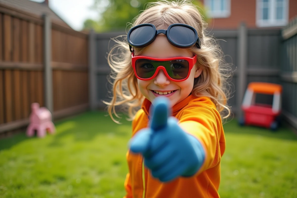 Jeune fille en costume Totally Spies posant dans un jardin
